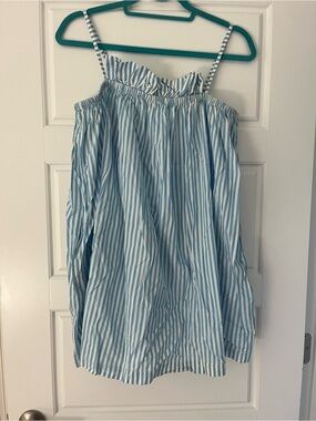 LAKE Striped Sleeveless Cotton Nightdress in Light Blue and White